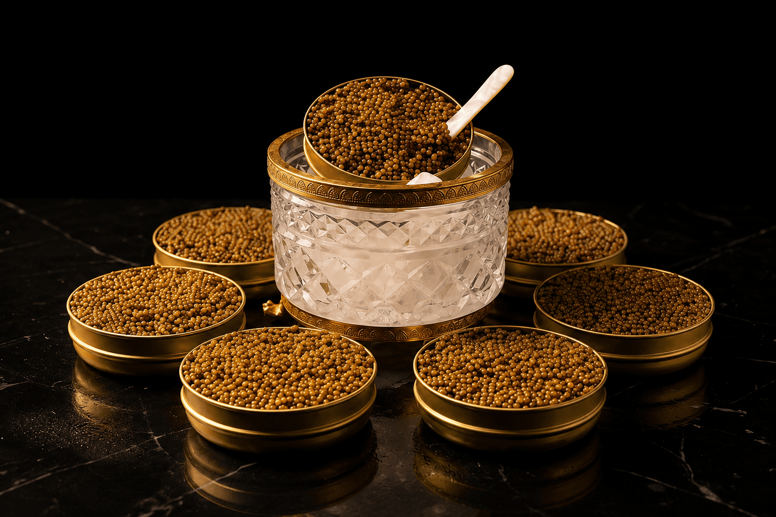 Golden sturgeon caviar in a crystal bowl surrounded by gold tins on black marble